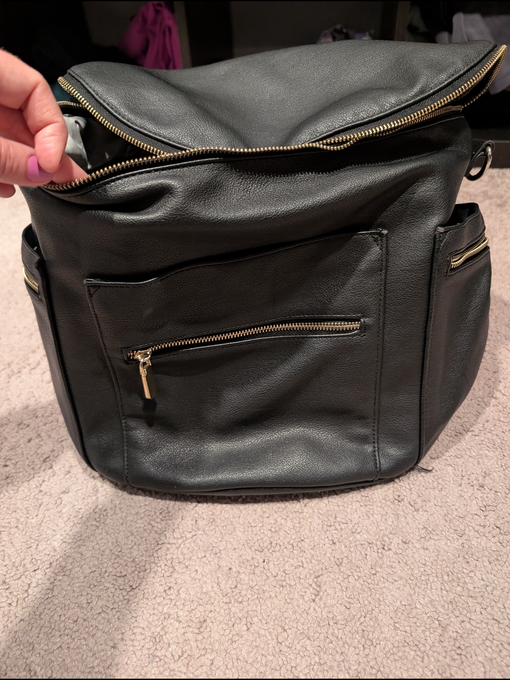 Black Faux Leather Diaper bag or Purse with Gold Zippers